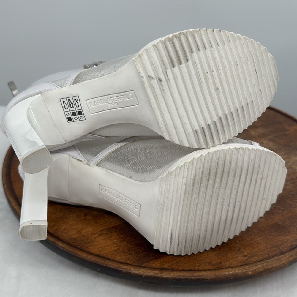 Karl Lagerfeld White Mesh Open-Toe Ankle Booties with Crystal Strap - Picture 11 of 14